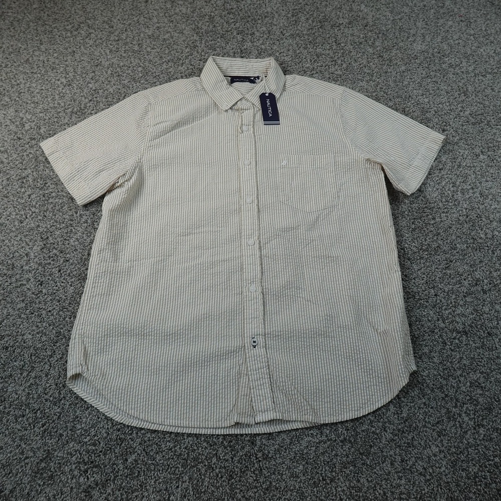 NEW Nautica Shirt Mens M Beige Seersucker Short Sleeve Button Up Casual Summer